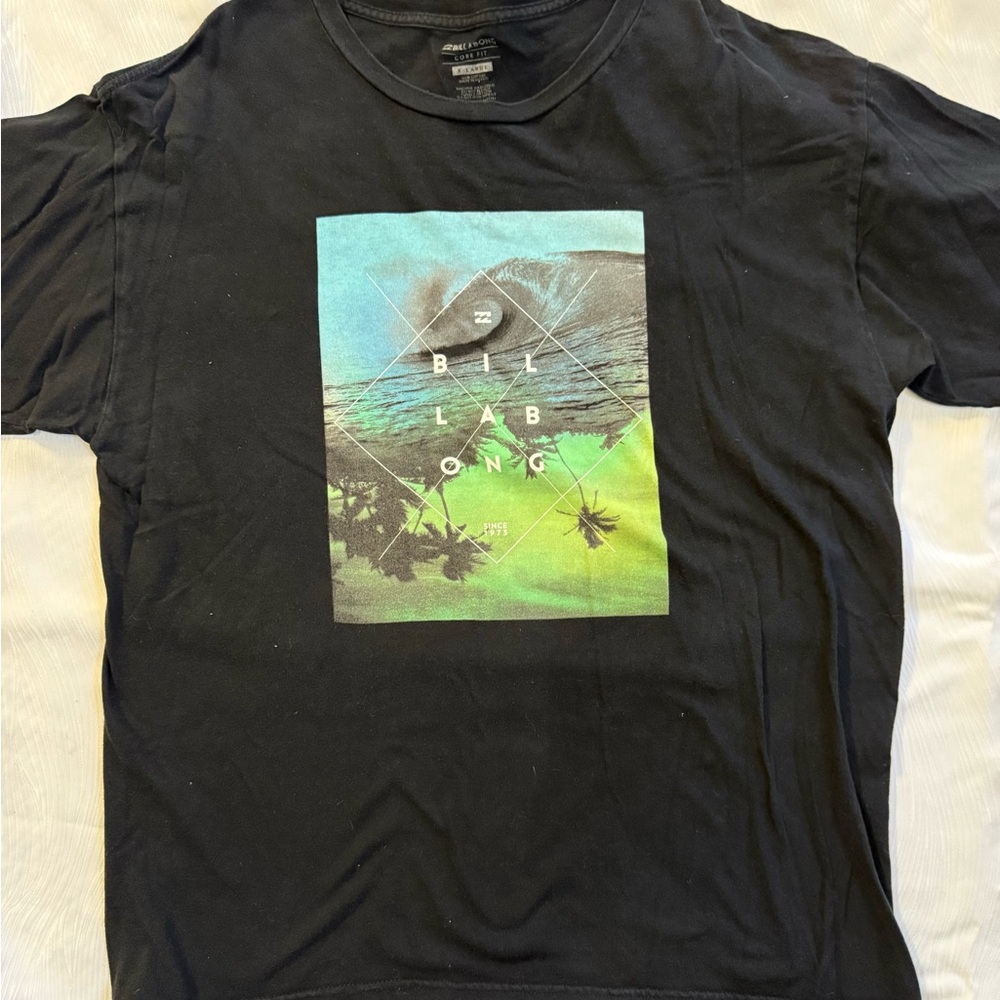 Billabong Core Fit Surf Graphic Tee XL Black Wave Palm Print Shirt